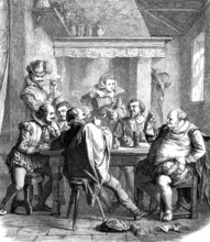 William Shakespeare with friends in the Mermaid tavern, woodcut from 1864