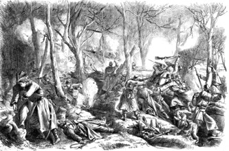 The battle in the gorge on Horsenser Chaussee near Veile, woodcut from 1864