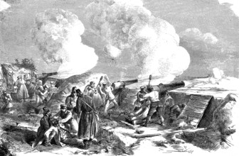 Prussian twenty-four-pound battery No. 2 on Gammelmark, Silesia, woodcut from 1864