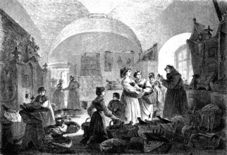 In the sacristy of a Franciscan monastery on Easter morning, woodcut from 1864