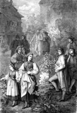 Betzingen farmers on Sunday morning after church, Betzingen, Baden-Württemberg, Germany, woodcut