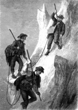 Mountaineers on the firndach of Ackerlspitze, Kaisergebrige, Austria, woodcut from 1864