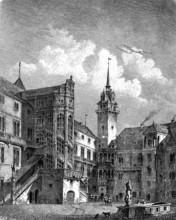 Hartenfels Castle in Torgau, Saxony, Germany, woodcut from 1864