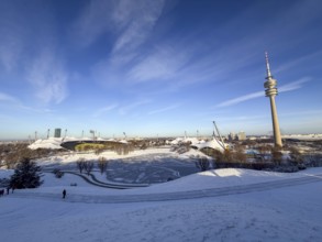Olympic site with snow in winter, park with Olympic lake and television tower, Olympic Tower,