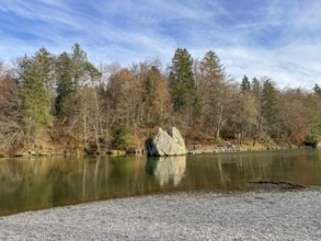Georgenstein, rock with a saint in the river Isar with autumn colors, Isartal landscape protection