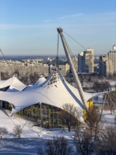 Olympic site with snow in winter, park with Olympic lake, Olympic Park, Munich, Upper Bavaria,