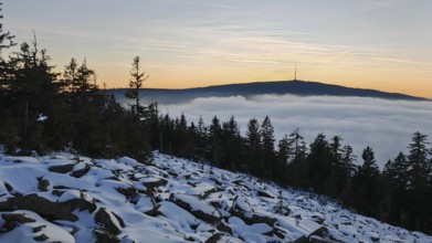 Landscape with snow-covered ground, trees and a mountain in the evening light, thick fog over the