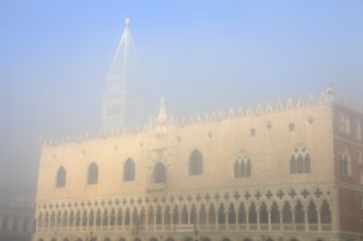 Campanile di San Marco and Doge's Palace in fog, Venice, Veneto, Italy