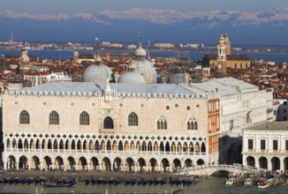 View of San Marco and the snow-capped Alps from Campanile San Gorgio di Maggiore, Venice, Veneto,