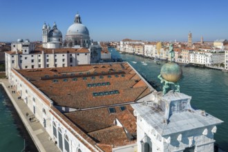 Aerial view of Dogana da Mar with Santa Maria della Salute Church and Grand Canal, Venice, Veneto,