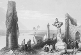 Ruins of the Clonmacnoise monastery complex with cemetery, Clonmacnoise on the Shannon River,