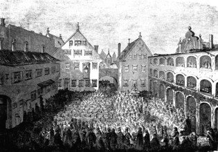 The courtyard of the Collegium zu St. Anna in Augsburg, 1632, Germany, woodcut from 1864