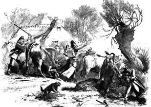 Meat delivery for the Austrian Army Corps in Jutland, woodcut from 1864