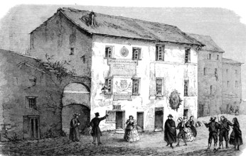 Christopher Columbus' birthplace in Cogoletto, Genoa, Italy, woodcut from 1864