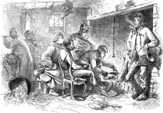 Quartering of soldiers in the kitchen, woodcut from 1864