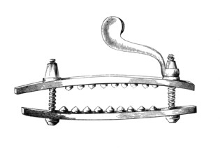 Torture instrument: thumbscrews, thumb stick, woodcut from 1864