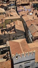 Densely arranged old buildings with red roofs in an old town, Koper, Slovenia