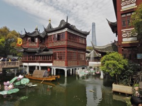 Traditional buildings over a pond with water lilies and trees, Yuyuan Garden, Shanghai, China