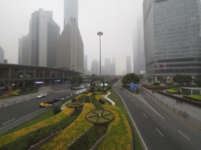 Flower bed along a road in a foggy urban area with high-rise buildings, Pudong, Shanghai, China