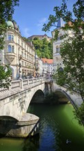 Lively scene with bridge and people next to historic buildings on a sunny summer day, Ljubljana,