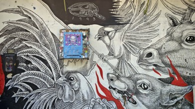 Graffiti, detailed black and white wall painting with animals and creative outdoor design,