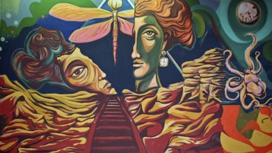 Surrealist work of art with abstract faces and an insect in intense colors, Skopje, North Macedonia