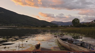 An old boat on a lake at sunset, with mountains and thick vegetation, Plav Lake, Montenegro
