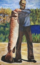 Painting of a man holding a big fish against a wooded background, Montenegro