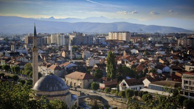 Panoramic view of a city with mosque and background mountains, Prizren, Kosovo
