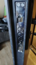 Closeup view of metal door lock with multiple locking bolts, security in hotel, Kosovo