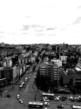 Black and white view of an urban cityscape with a road junction, Pristina, Kosovo
