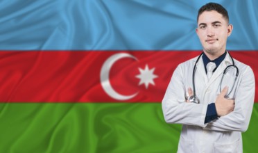 Portrait of medical professional on Azerbaijan flag background. Azerbaijani national health system