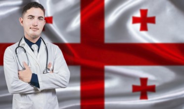 Portrait of medical professional on Georgia flag background. Georgian national health system