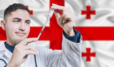 Doctor holding syringe on Georgia flag background. Medical professional holding syringe with