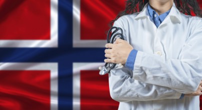 Healthcare professional with Norway flag background. Professional doctor holding stethoscope on