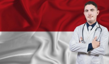 Portrait of medical professional on Monaco flag background. Monegasque national health system