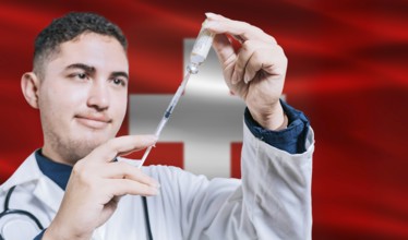 Doctor holding syringe on Switzerland flag background. Medical professional holding syringe with