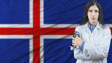 Icelandic national health system, Medical professional on Iceland flag background