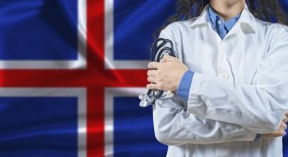 Healthcare professional with Iceland flag background. Professional doctor holding stethoscope on