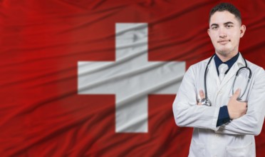 Portrait of medical professional on Switzerland flag background. Swiss national health system