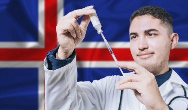 Doctor holding syringe on Iceland flag background. Medical professional holding syringe with