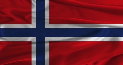 Flag of Norway with fabric textured background. Close up of National flag of Norway with realistic