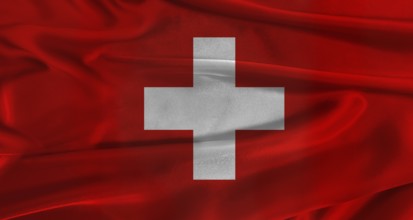 Flag of Switzerland with fabric textured background. Close up of National flag of Switzerland with