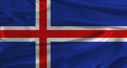Flag of Iceland with fabric textured background. Close up of National flag of Iceland with