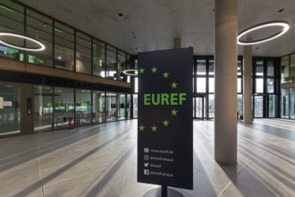 EUREF-Campus Düsseldorf, atrium with logo, European Energy Forum for Climate Protection and