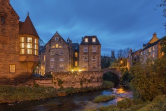 Edinburgh, Scotland, UK. Historic buildings in Dean Village along the water of Leith in the evening