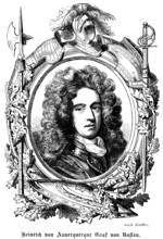 Henry von Auverquerque Count of Nassau feathers, helmet, sword, heelebard, shield, knight, emblems,