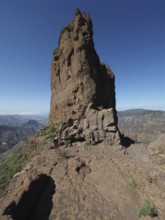 Steeply rising rock on a mountain trail with panoramic views, Roque Bentayga, Gran Canaria, Canary