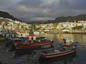 Fishing boats in quiet harbor with colorful houses in soft evening light, Puerto de Mogan, Gran