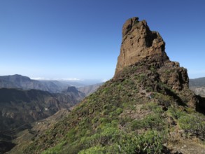 Large, steep rock under blue sky, Roque Bentayga, Gran Canaria, Canary Islands, Canary Islands,
